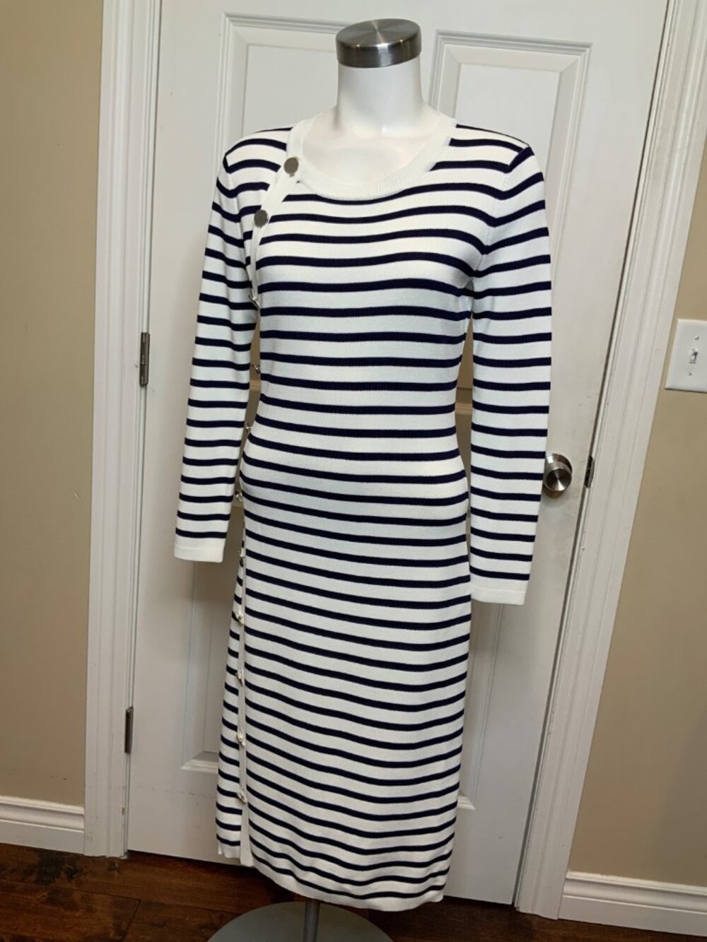 Altuzarra Navy Blue & White Striped Sweater Dress W/ Silver Buttons, Size S